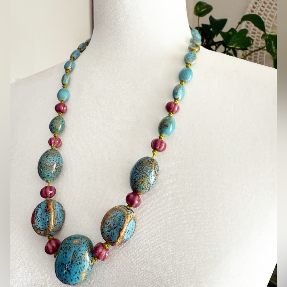 Vintage Artisan Ceramic Bead Statement Necklace Turquoise Speckled 26” Inch - Picture 5 of 15